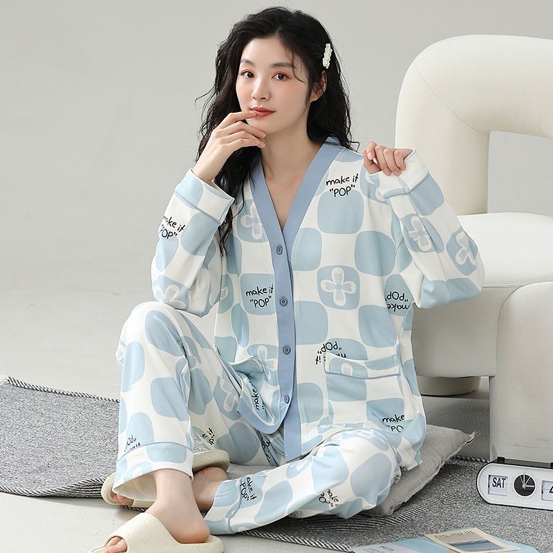 Pyjama femme mignon pur coton cardigan à manches longues printemps et automne dessin animé décontracté version coréenne peut être porté comme_voghion.com