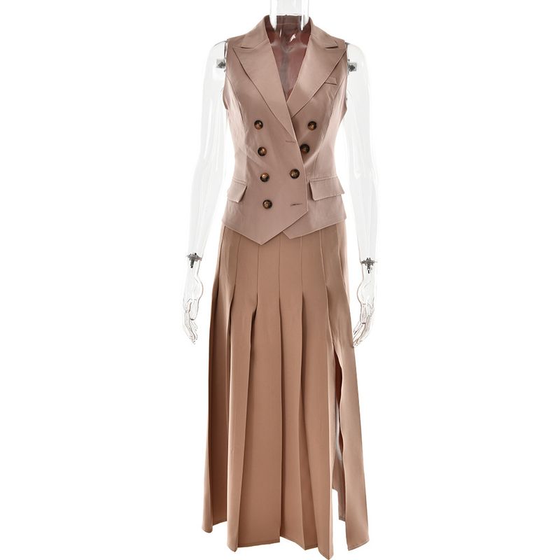 Vêtements pour femmes, tempérament d'automne élégant, nouveau gilet sans manches, jupe longue plissée, costume deux pièces_voghion.com