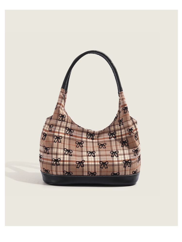 2024 Korean Ins plaid butterfly bow canvas for women, fashionable and versatile single shoulder armpit bag_voghion.com