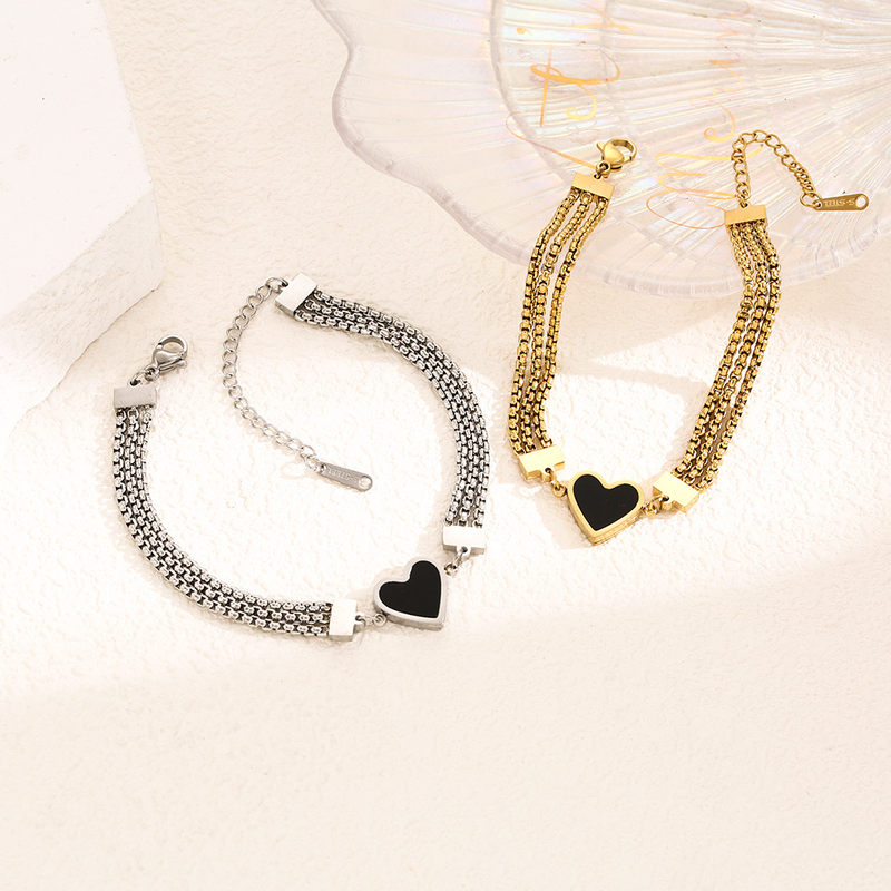 Temperament Three Layer Chain Bracelet Female Black and White Double sided Fritillaria Heart Wide Bracelet Titanium_voghion.com