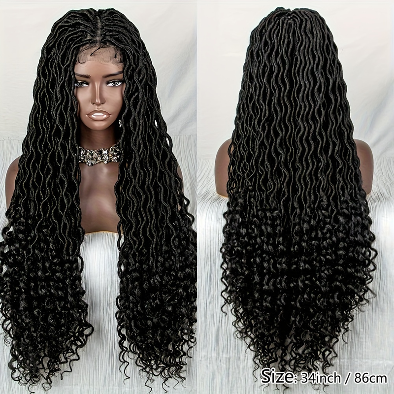 9*6 Lace Front Wig Extra Long Braided Synthetic Wig Synthetic Braiding Wig With Curly Ends Black Wig Natural Looking For Women 34 Inch_voghion.com