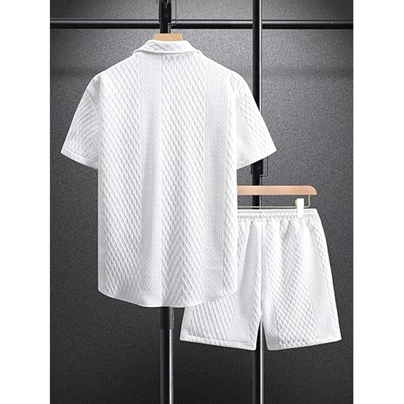 2-teiliges Set aus Hemd, Oberteil und Shorts im Waffelstrick-Stil für Herren mit Button-Down-Kragen_voghion.com
