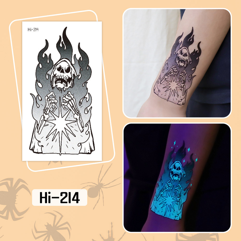 Adesivi per tatuaggi temporanei luminosi di Halloween, cartoni animati, zucca, teschio e farfalla per bambini._voghion.com