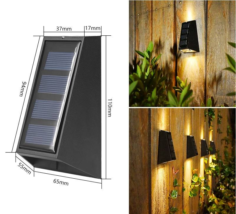 Luminária de parede solar para áreas externas, à prova d'água, para decoração de jardim, para pátio, cerca, quintal, paisagem, luminária de parede trapezoidal de 3 LEDs para cima e para baixo_voghion.com