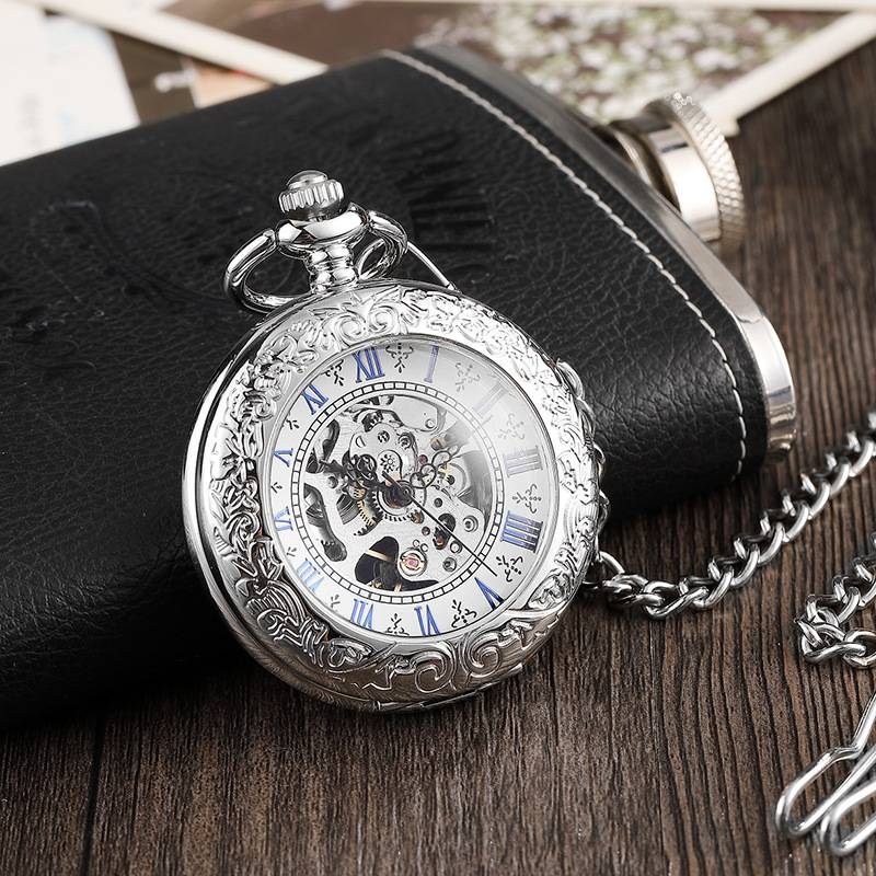 Montre de poche mécanique automatique à chiffres romains vintage avec chaîne serpent - Cadeau classique Montre mécanique classique à chiffres romains simples_voghion.com