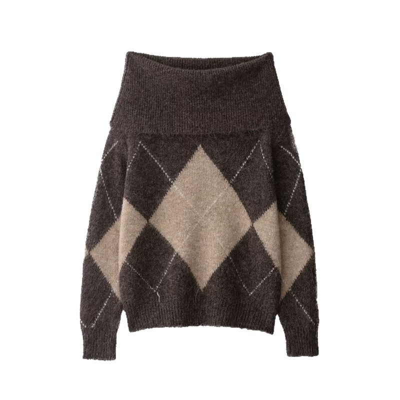 Off-Shoulder Diamond Knit Sweater – Trendy One-Shoulder Pullover For Women (As Pictured, S/M/L)_voghion.com