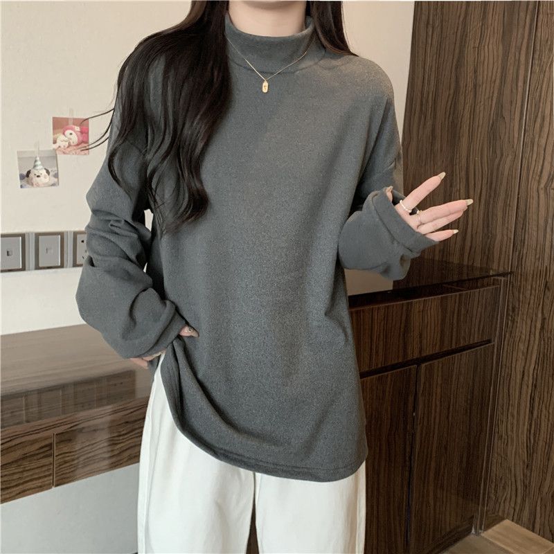2024 Herbst/Winter Neue Halbhohe Kragen Langarm für Frauen, Lose Vielseitig, mit Dicken Innen und Deutsch Samt Basis_voghion.com