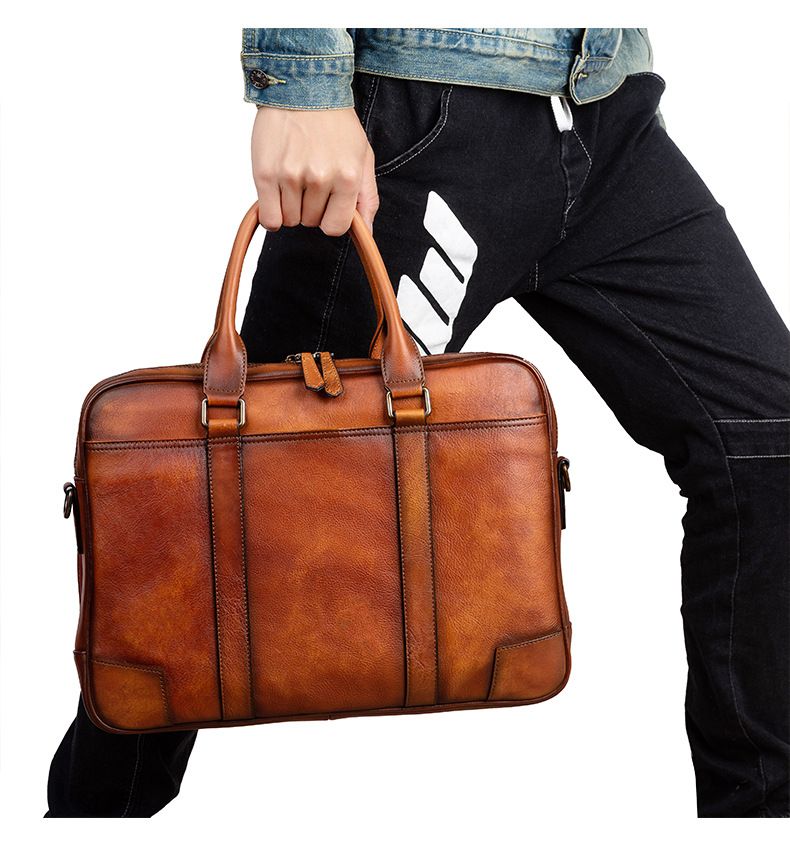 Men's Multi-compartment Briefcase Head-layer Tree-height Vegetable-tanned Cowhide Vintage Casual Briefcase_voghion.com