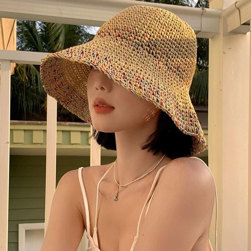 Hot Sale Summer Straw Sun Hats for Women Showing Face Small Bucket Hat Large Brim Sunshade and Sunscreen Seaside Beach Cap Y4A5_voghion.com