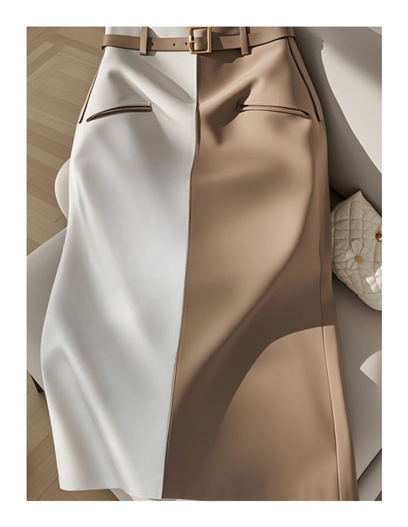 Îmbrăcăminte de damă popular șic unic draperie frumoasă cu talie înaltă, subțire, dreaptă, mică, culoare contrastantă, pentru femei, la începutul toamnei_voghion.com