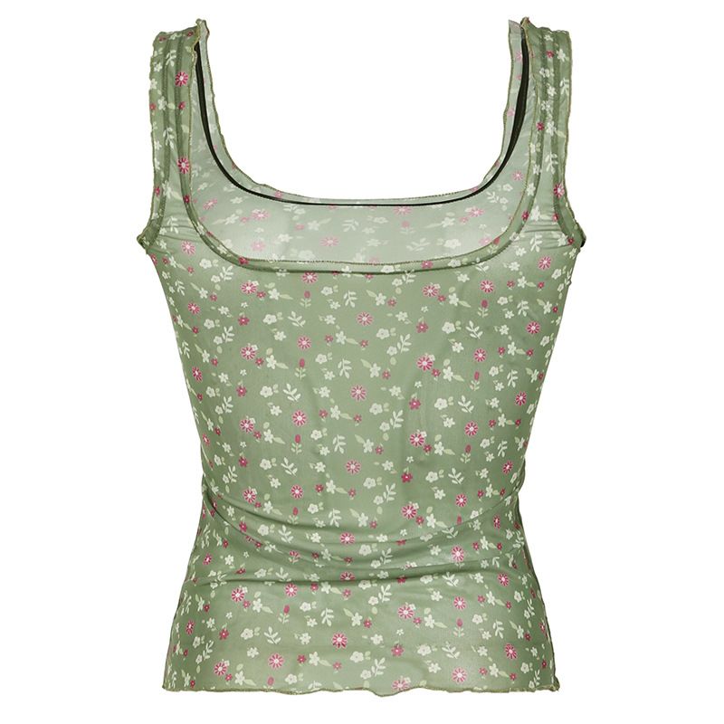 2024 Frühjahr/Sommer Neues Mädchen Frisches fragmentiertes Blumenfarbkontrast-Netz-Perspektive-Sling-Tanktop mit quadratischem Ausschnitt_voghion.com