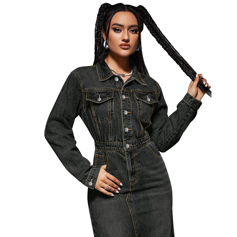 Damenbekleidung Reversknopf Langarm Schlitz Neues langes Denim-Kleid_voghion.com