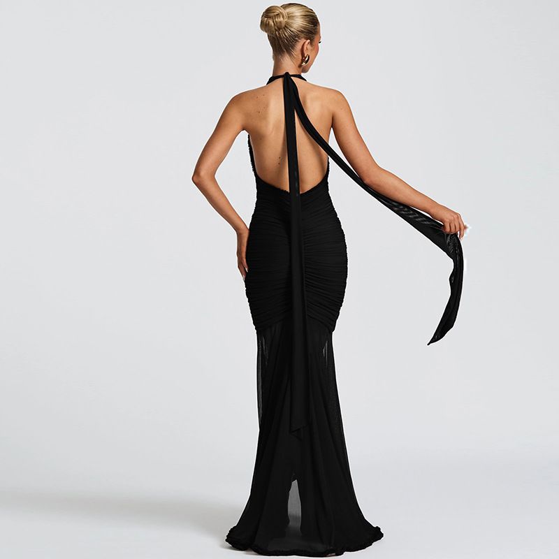 Elegante abito da sera con scollo a V e schiena scoperta – Abito a sirena aderente e in rete trasparente per donna (nero/rosso vino, S/M/L)_voghion.com