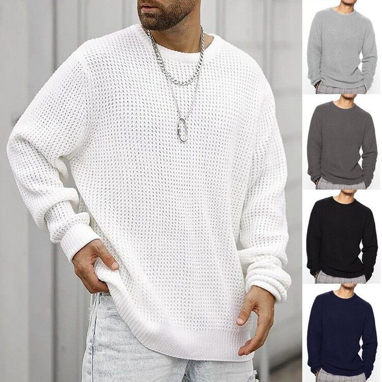 Knitted Sweater New Men's Long Sleeve Round Neck Casual Loose Pullover Solid Color Top_voghion.com