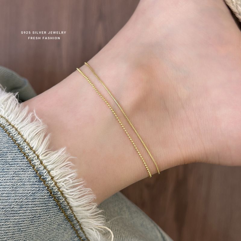 Minimalist Double Layer Anklet For Women, Pure Silver Fashion Round Bead Chain Anklet, Versatile And Unique Foot Jewelry_voghion.com