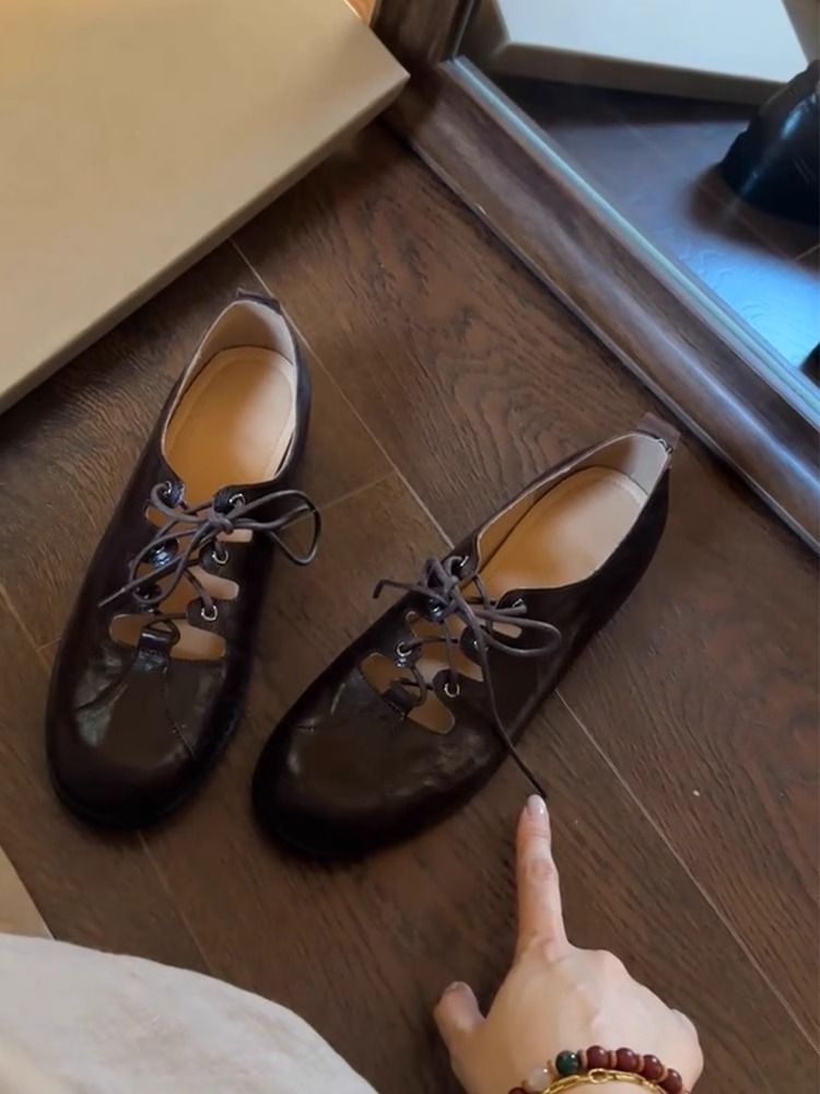 Lancui Damen Mary Jane Flache Schuhe mit flachem Mund und Schnürung im britischen Stil mit niedrigem Absatz und runder Zehenpartie_voghion.com