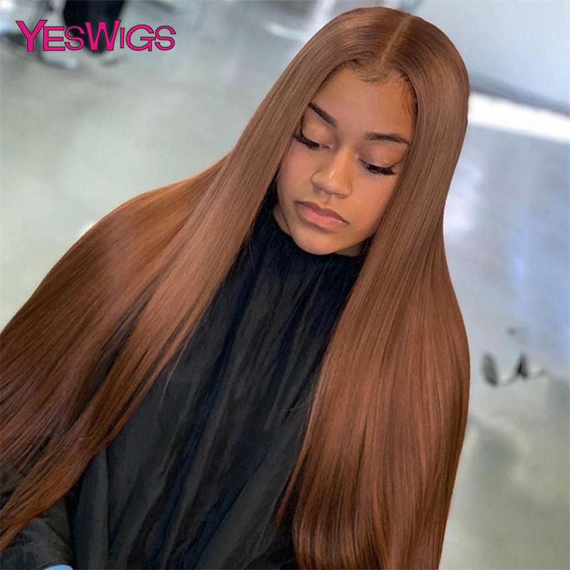 hot selling 13x6 Chocolate Brown Colored Front Human Hair HD Transparent Straight 360 Full Lace Frontal Wigs For Women Glueless_voghion.com