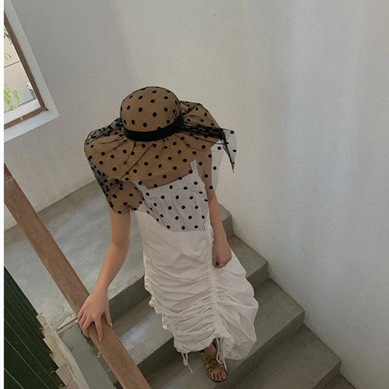 Sombreros de paja de verano con encaje de malla para mujer, clásicos, elegantes, con lunares, de ala ancha, para playa, plegables, con protección UV, Panamá_voghion.com