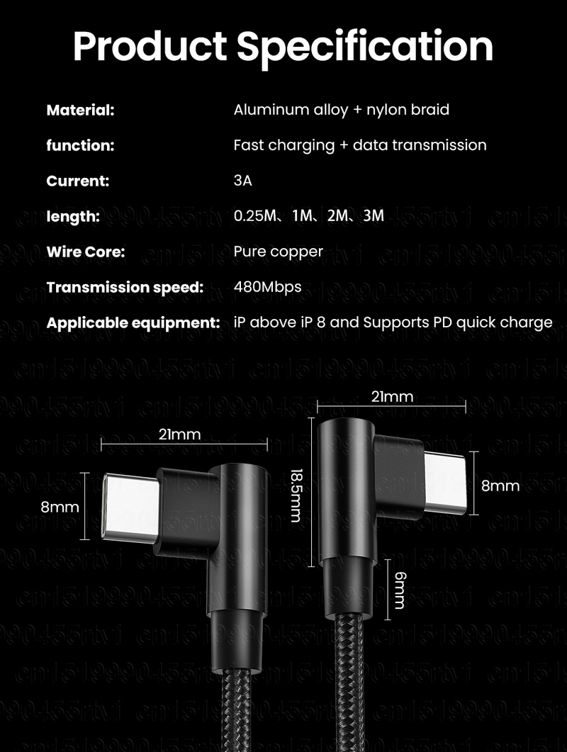 PD 60W Dual-Winkel-Schnelllade-USB-C-Kabel, geeignet für Book Pro C-Typ auf USB C QC4.0 Datumszeile, geeignet f_voghion.com