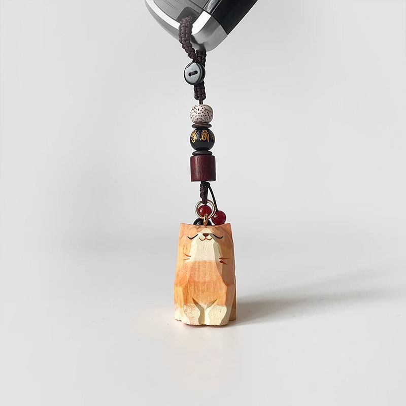 Hand Carved Wood Carved Orange Cat Shiba Inu Mi Ping An Six Character Mantra Woven Keychain Chain Ring Car Schoolbag Pendant Ornament_voghion.com