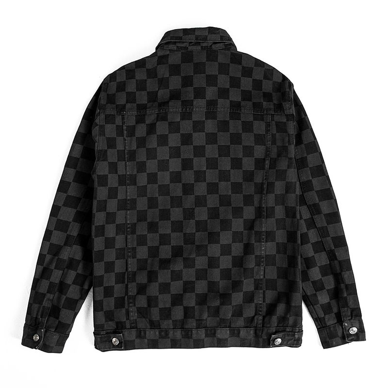 Herren Jeansjacke mit Karomuster, lässig, locker, kariert, schwarzer Mantel mit langen Ärmeln_voghion.com