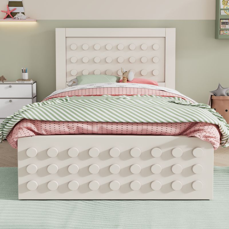 Holzbett 90x190cm Mit Blockdesign, Massivholz, Schubladen, Stauraum, Blanc_voghion.com