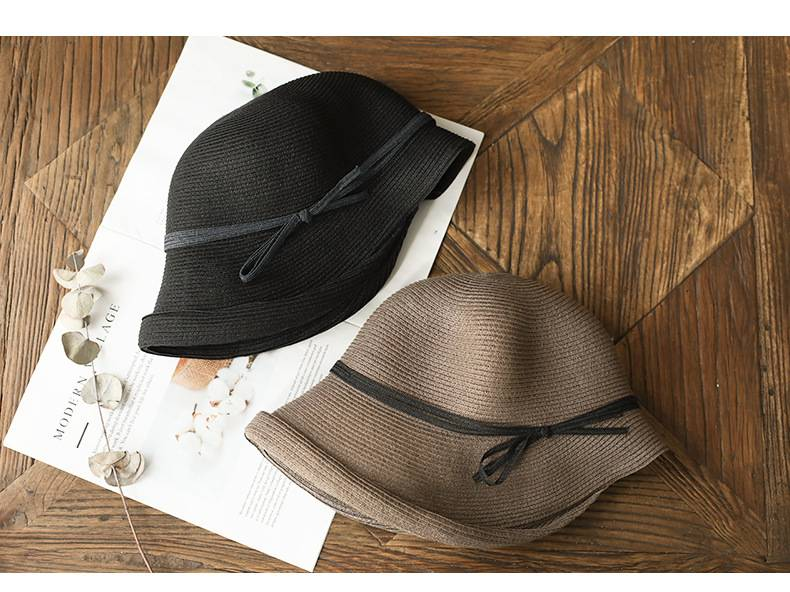 Hepburn cappello di paglia con paravento da vento cappello da bacino pieghevole retrò da donna Cappello da pescatore artistico cappello da sole semplice cappello casual_voghion.com