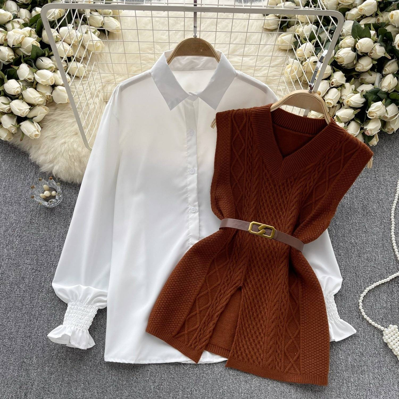 Abbigliamento da donna Temperamento Moda Completo Donna Casuale Largo Maniche Lunghe Camicia + Vita Scollo a V Senza Maniche Maglia Gilet Due Pezzi Completo_voghion.com