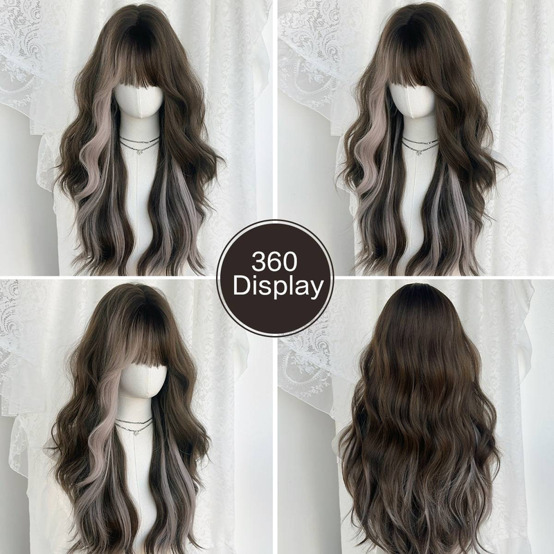 Nueva peluca de moda, cabello largo y rizado, reflejos castaños, conjunto de cabello gris rosado, peluca femenina_voghion.com