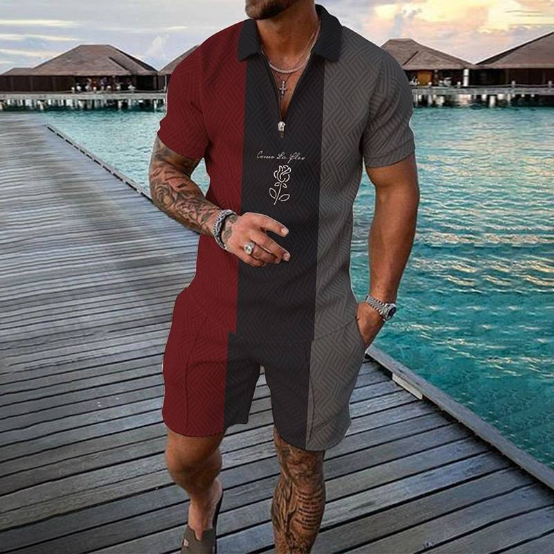 Neues modisches Poloshirt-Set mit Reißverschluss für Herren, lässig, mit 3D-Druck, kurzärmelige Hemden und Shorts_voghion.com