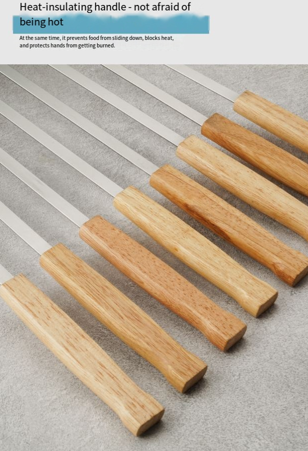 Stainless Steel Wooden Handle Barbecue Skewers Flat Skewers Barbecue Skewers Grilled Lamb Skewers Barbecue Skewers Outdoor Camping Barbecue Skewers_voghion.com