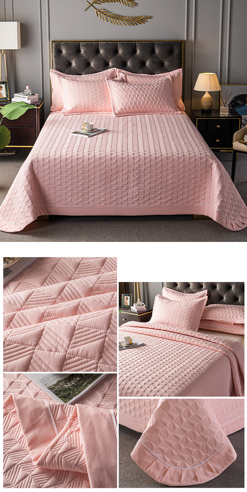 Solid Color Quilted Bedspread Set - 3-Piece Thickened Comforter Cover For All Seasons_voghion.com