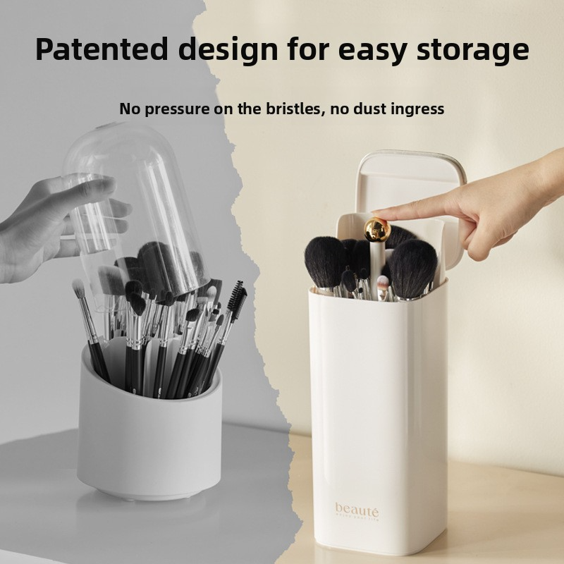 Auto-Rising Makeup Brush Holder – Touch-Control Cosmetic Organizer With Dust-Proof Lid & 12 Slots (Modern Vanity Storage, White/Black/Cream)_voghion.com