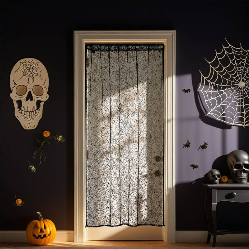 Halloween-Türvorhang – Spinnennetz- und Geisterhand-Design, 100 % Polyestergewebe, ohne Bohren zu befestigende Haken für Heim- und Partydekoration (mehrere Größen)_voghion.com