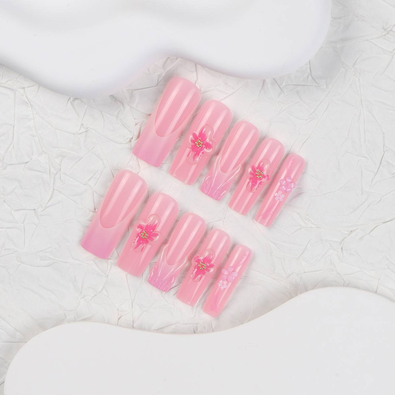 24pcs French Ombre Blush Nail Tips With 3D Stripes & Gold Flakes - Detachable Press-On Nails For Women, Sweet & Glamorous Design_voghion.com