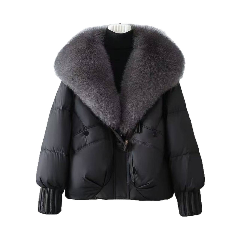 Women's Clothing Short Puffer Jacket With Fox Fur Collar - Cozy Winter Coat, Thicken Warm Fleece Lining, Loose Fit, Zipper Closure, Multiple Colors_voghion.com