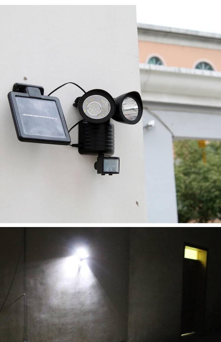 Lámpara solar con sensor de movimiento, doble cabezal, 22 LED, impermeable, para exteriores, iluminación de paisajes, para jardín, caminos y garajes._voghion.com