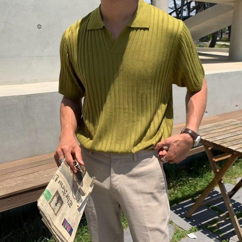 Abbigliamento da uomo casual a maniche corte, maglietta casual a maniche corte da uomo, maglietta con risvolto tinta unita alla moda e versatile, maglia giapponese ampia per l'estate_voghion.com