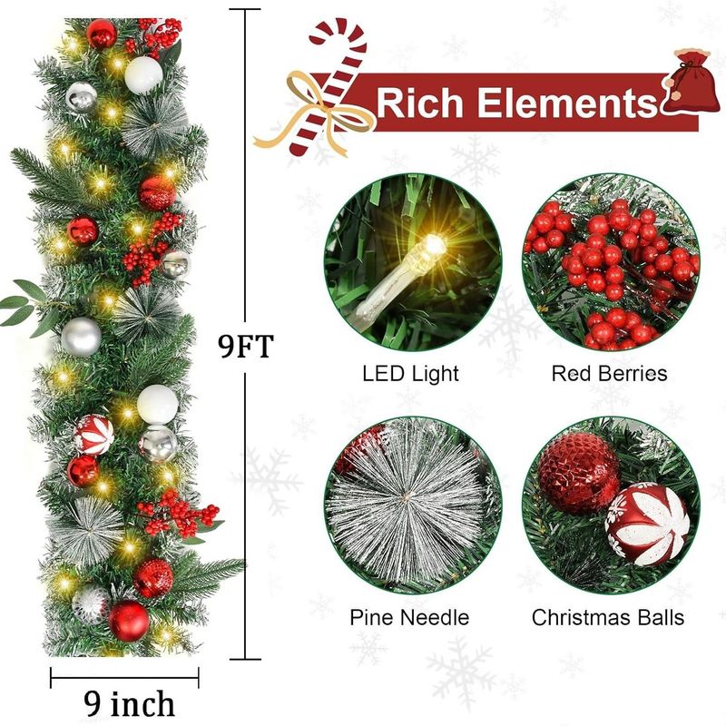 180cm/270cm Christmas Wreath Door Hanging Decor With Faux Pine Garland, Red & White Ornaments_voghion.com