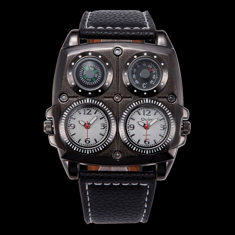 Orologio casual ed elegante da uomo con quadrante grande, doppio fuso orario, bussola e termometro - Movimento al quarzo, vetro minerale, cinturino in pelle. Orologio al quarzo._voghion.com