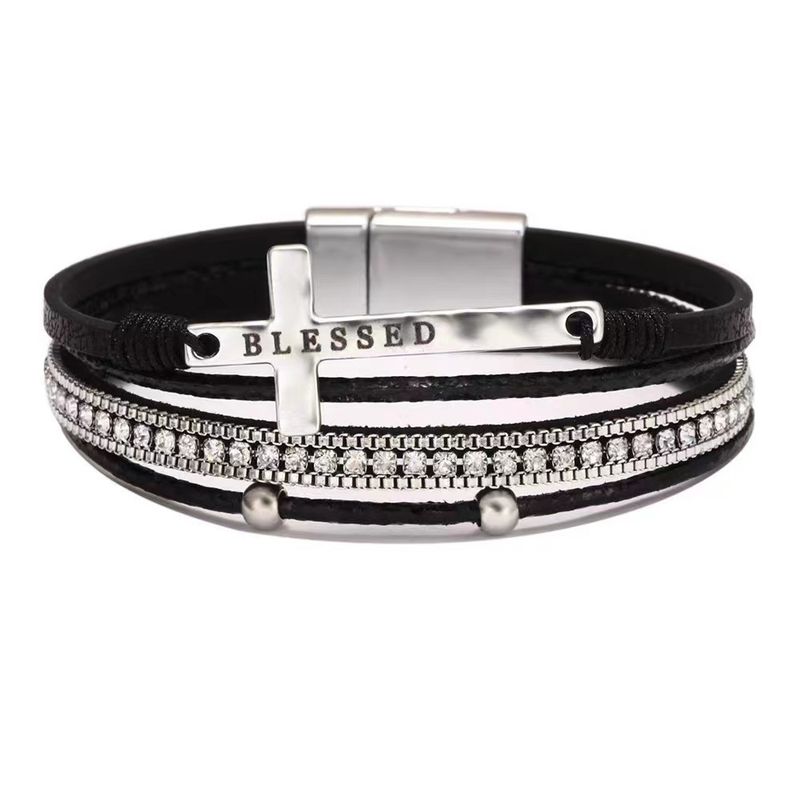 Bohemian Cross Multi-layer Nieuwe exotische etnische stijl Strass leren armband High-end gevoel_voghion.com
