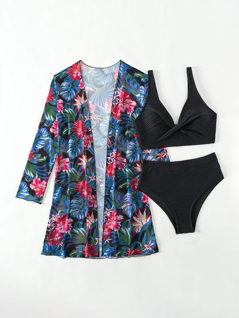 costume da bagno in tre pezzi diviso da donna a maniche lunghe bikini celebrità di Internet a vita alta tinta unita_voghion.com