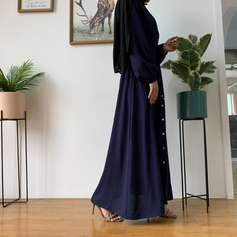 Roupas femininas nova moda muçulmana lapela cor sólida botão completo vestido fino saia longa_voghion.com