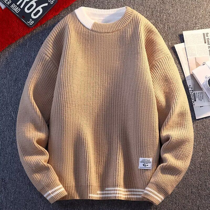 Neuer Spleißenpullover für Jugendliche, runder Kragen, trendiger warmer, lockerer Strickpullover mit Faden-Hoodie für Jugendliche_voghion.com