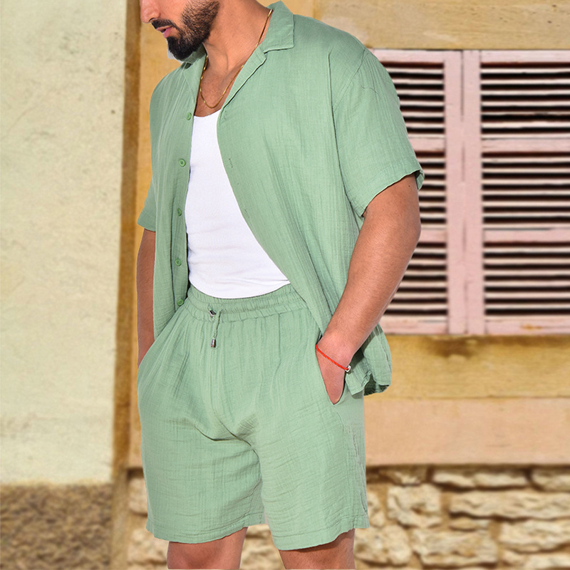2024 New Leisure Sports Summer Loose T-shirt a maniche corte Pantaloncini in cotone e canapa Set da uomo_voghion.com