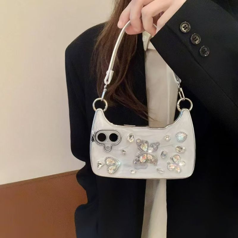 Luxus Glitter Diamant Schmetterling Herz Handtasche Lederband Handgelenk Telefon Fall Abdeckung für iPhone 11 12 13 14 15 16 Pro Plus Max_voghion.com