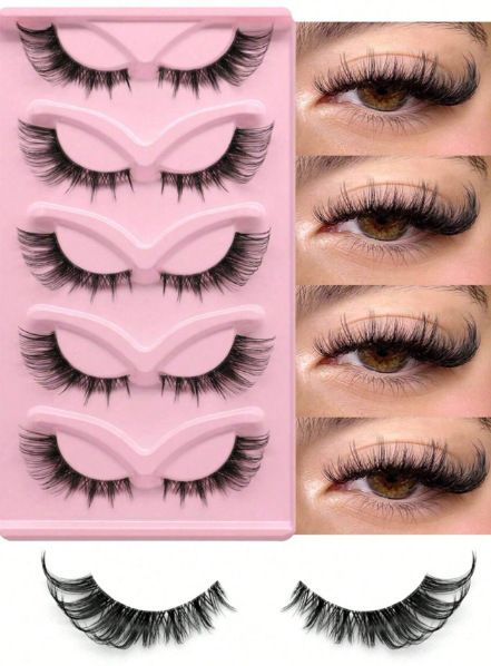 Pestañas postizas de ojo de gato, serie Fox, con tallo transparente, 5 pares, para uso diario, rizadas y oblicuas._voghion.com