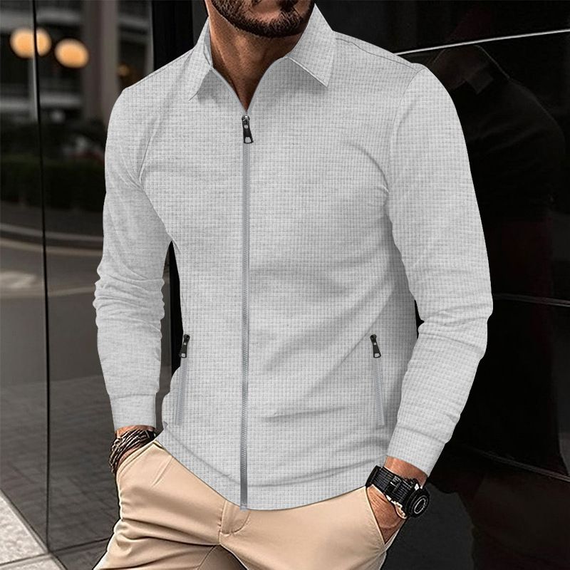 Men's Clothing Men's Waffle Knit Zip-Up Jacket With Stand Collar - High Street Casual Autumn Coat For Men_voghion.com