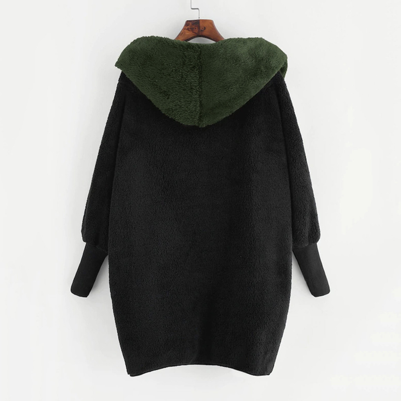 Damjacka med färgblockad lös cardigan med luva i sammet_voghion.com