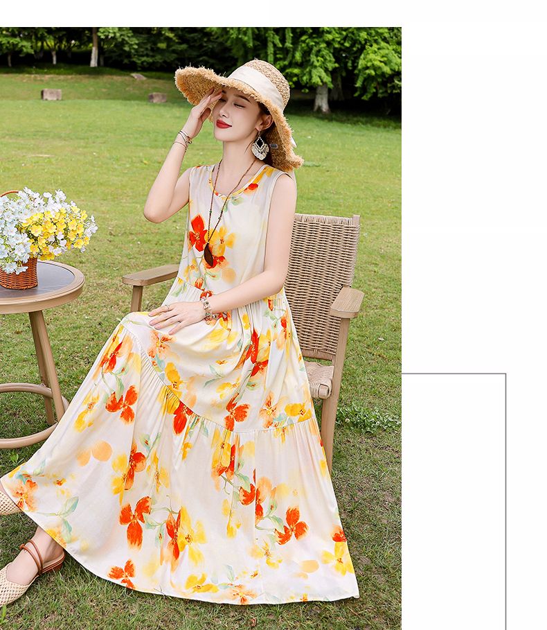 Französischer Stil High-End für Frauen Sommer 2025 Neue lose Plus Size Extra lange Baumwolle Blumenweste Kleid Falten Outfit_voghion.com